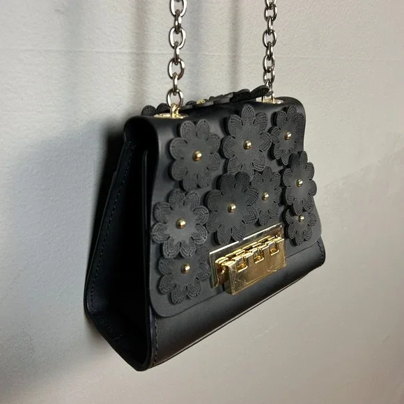 Whimsical Minimalist Zac Posen Black Eatha Mini bag Floral Chain Crossbody Y2K - Picture 11 of 15